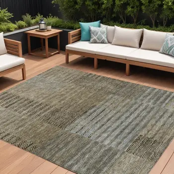 8' X 10' Taupe Brown And Gray Striped Washable Indoor Outdoor Area Rug