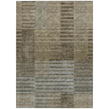 9' X 12' Taupe Brown And Gray Striped Washable Indoor Outdoor Area Rug