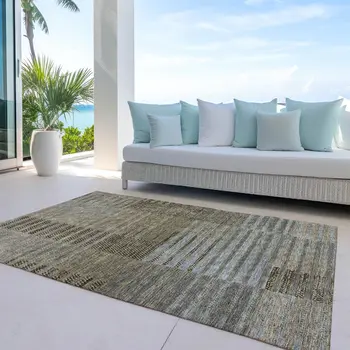 9' X 12' Taupe Brown And Gray Striped Washable Indoor Outdoor Area Rug
