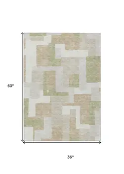 3' X 5' Beige Ivory And Sage Geometric Washable Indoor Outdoor Area Rug