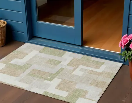 3' X 5' Beige Ivory And Sage Geometric Washable Indoor Outdoor Area Rug