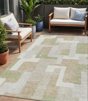 5' X 8' Beige Ivory And Sage Geometric Washable Indoor Outdoor Area Rug