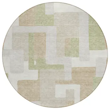 8' Beige Ivory And Sage Round Geometric Washable Indoor Outdoor Area Rug