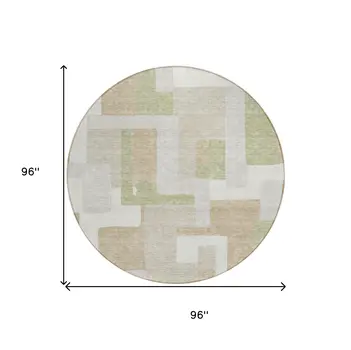 8' Beige Ivory And Sage Round Geometric Washable Indoor Outdoor Area Rug