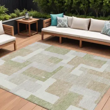 9' X 12' Beige Ivory And Sage Geometric Washable Indoor Outdoor Area Rug