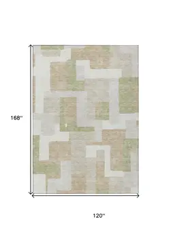 10' X 14' Beige Ivory And Sage Geometric Washable Indoor Outdoor Area Rug