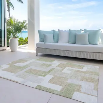 10' X 14' Beige Ivory And Sage Geometric Washable Indoor Outdoor Area Rug