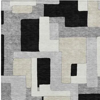 3' X 5' Black Ivory And Beige Geometric Washable Indoor Outdoor Area Rug
