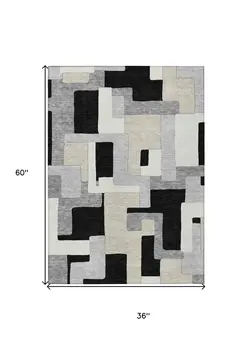 3' X 5' Black Ivory And Beige Geometric Washable Indoor Outdoor Area Rug
