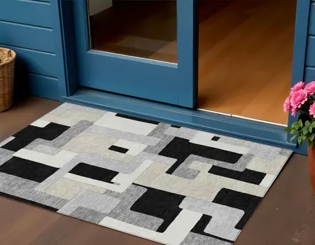 3' X 5' Black Ivory And Beige Geometric Washable Indoor Outdoor Area Rug