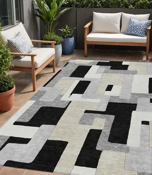 5' X 8' Black Ivory And Beige Geometric Washable Indoor Outdoor Area Rug