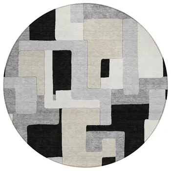 8' Black Ivory And Beige Round Geometric Washable Indoor Outdoor Area Rug