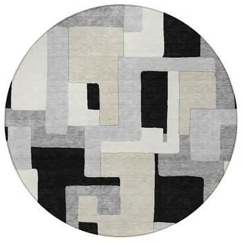 8' Black Ivory And Beige Round Geometric Washable Indoor Outdoor Area Rug