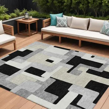 10' X 14' Black Ivory And Beige Geometric Washable Indoor Outdoor Area Rug