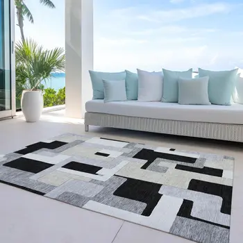 10' X 14' Black Ivory And Beige Geometric Washable Indoor Outdoor Area Rug