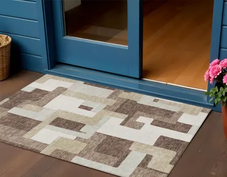 3' X 5' Brown Ivory And Taupe Geometric Washable Indoor Outdoor Area Rug