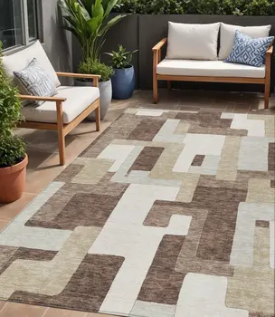 5' X 8' Brown Ivory And Taupe Geometric Washable Indoor Outdoor Area Rug