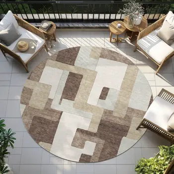 8' Brown Ivory And Taupe Round Geometric Washable Indoor Outdoor Area Rug