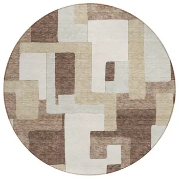 8' Brown Ivory And Taupe Round Geometric Washable Indoor Outdoor Area Rug