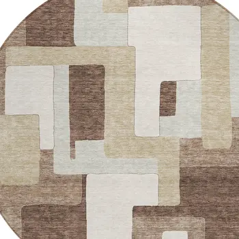 8' Brown Ivory And Taupe Round Geometric Washable Indoor Outdoor Area Rug