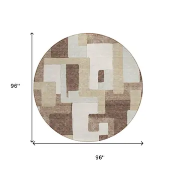 8' Brown Ivory And Taupe Round Geometric Washable Indoor Outdoor Area Rug