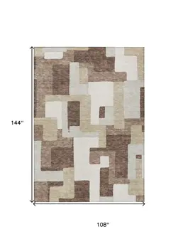 9' X 12' Brown Ivory And Taupe Geometric Washable Indoor Outdoor Area Rug