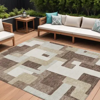 9' X 12' Brown Ivory And Taupe Geometric Washable Indoor Outdoor Area Rug