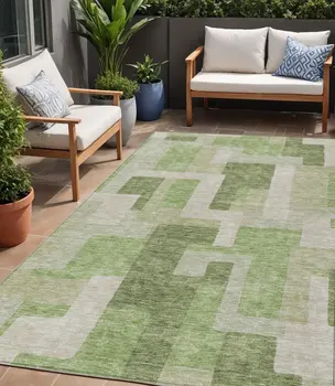 5' X 8' Green Sage And Beige Geometric Washable Indoor Outdoor Area Rug