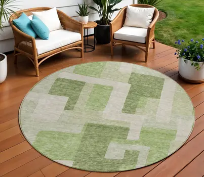 8' Green Sage And Beige Round Geometric Washable Indoor Outdoor Area Rug
