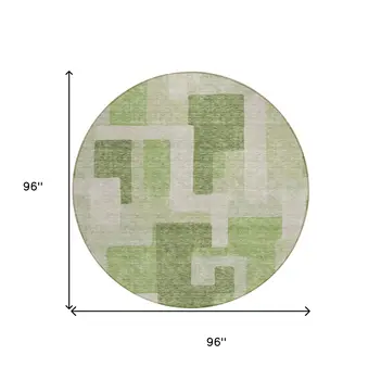 8' Green Sage And Beige Round Geometric Washable Indoor Outdoor Area Rug
