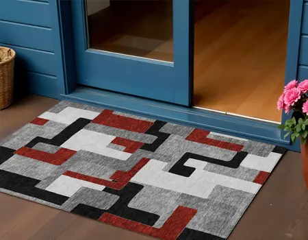3' X 5' Gray Ivory And Red Geometric Washable Indoor Outdoor Area Rug