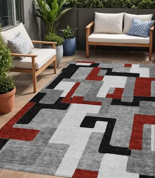 5' X 8' Gray Ivory And Red Geometric Washable Indoor Outdoor Area Rug