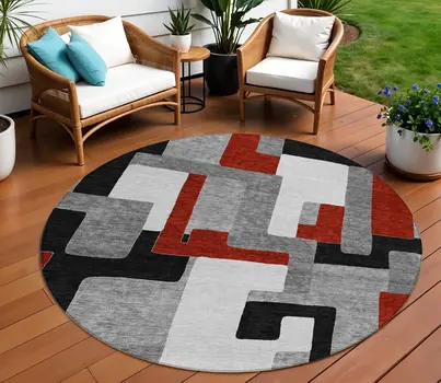 8' Gray Ivory And Red Round Geometric Washable Indoor Outdoor Area Rug