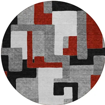 8' Gray Ivory And Red Round Geometric Washable Indoor Outdoor Area Rug