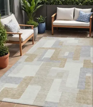 5' X 8' Ivory Beige And Gray Geometric Washable Indoor Outdoor Area Rug