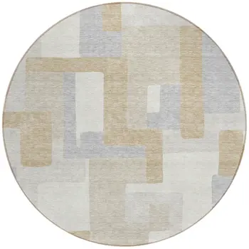 8' Ivory Beige And Gray Round Geometric Washable Indoor Outdoor Area Rug