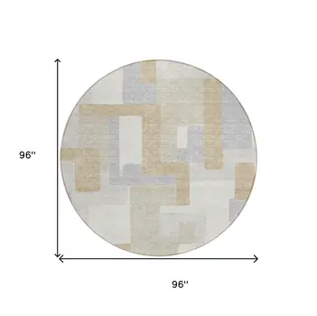 8' Ivory Beige And Gray Round Geometric Washable Indoor Outdoor Area Rug