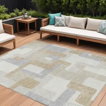 8' X 10' Ivory Beige And Gray Geometric Washable Indoor Outdoor Area Rug