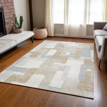 8' X 10' Ivory Beige And Gray Geometric Washable Indoor Outdoor Area Rug