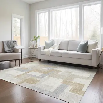 8' X 10' Ivory Beige And Gray Geometric Washable Indoor Outdoor Area Rug