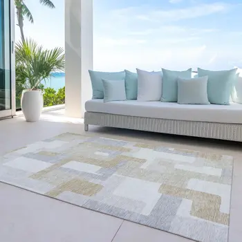 9' X 12' Ivory Beige And Gray Geometric Washable Indoor Outdoor Area Rug