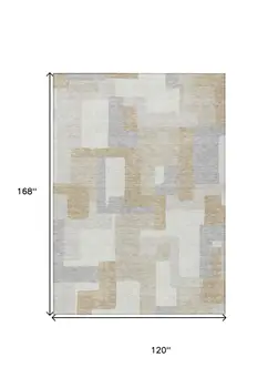 10' X 14' Ivory Beige And Gray Geometric Washable Indoor Outdoor Area Rug