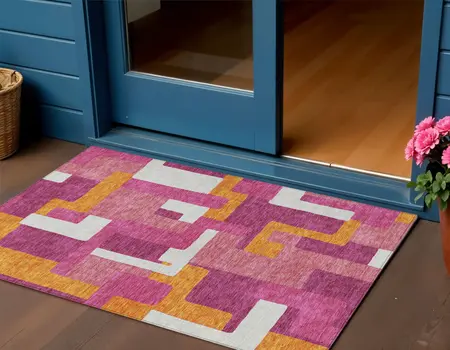 3' X 5' Pink Ivory And Orange Geometric Washable Indoor Outdoor Area Rug