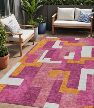 5' X 8' Pink Ivory And Orange Geometric Washable Indoor Outdoor Area Rug