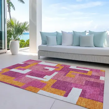 5' X 8' Pink Ivory And Orange Geometric Washable Indoor Outdoor Area Rug
