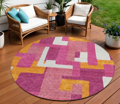 8' Pink Ivory And Orange Round Geometric Washable Indoor Outdoor Area Rug