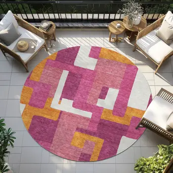 8' Pink Ivory And Orange Round Geometric Washable Indoor Outdoor Area Rug