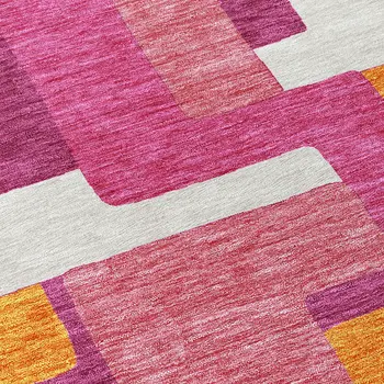 8' Pink Ivory And Orange Round Geometric Washable Indoor Outdoor Area Rug