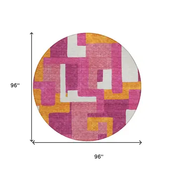 8' Pink Ivory And Orange Round Geometric Washable Indoor Outdoor Area Rug