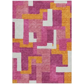 8' X 10' Pink Ivory And Orange Geometric Washable Indoor Outdoor Area Rug